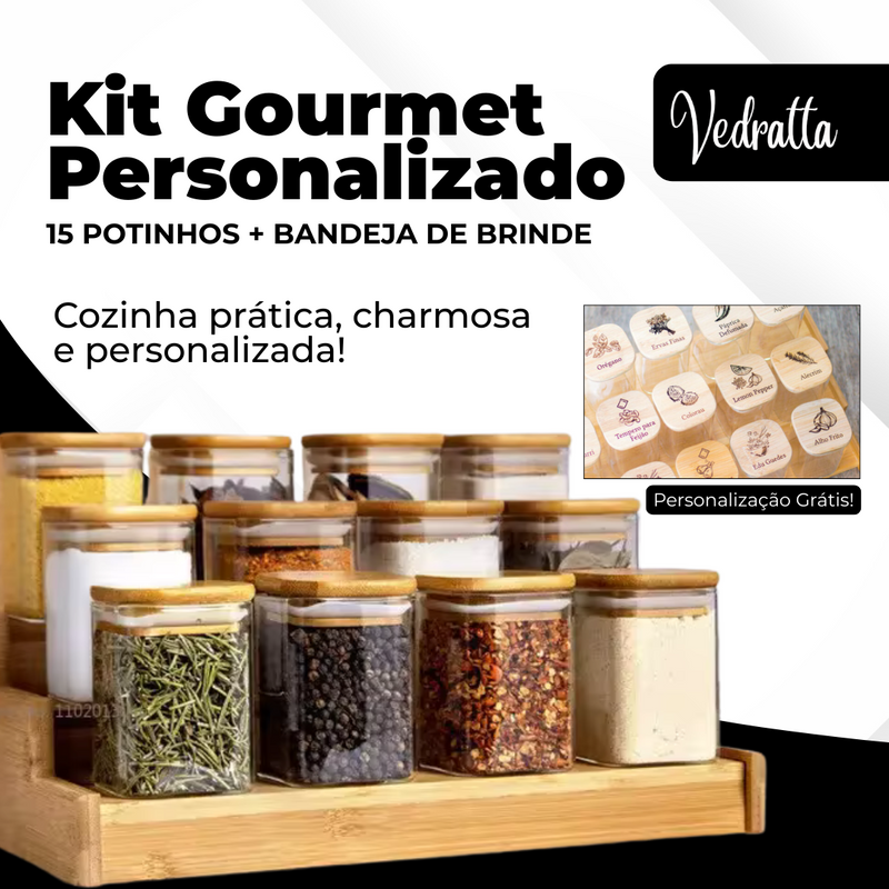 Kit 15 Potes Organiza Gourmet™ + Gravação a Laser (PERSONALIZADA) + Bandeja | Só até 23:59!
